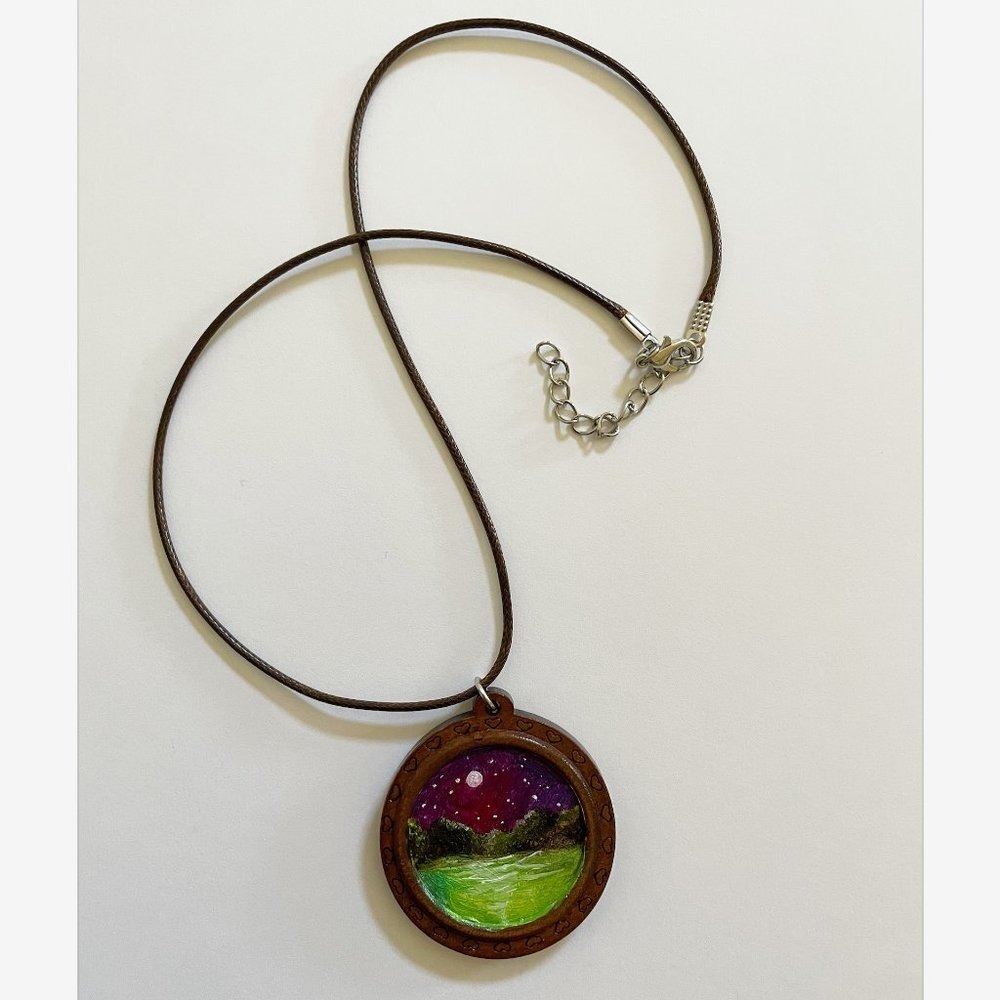 MOONLIGHT WATER  Oil Painted Mini Necklace Handmade Gift Art Decor SEE VIDEO